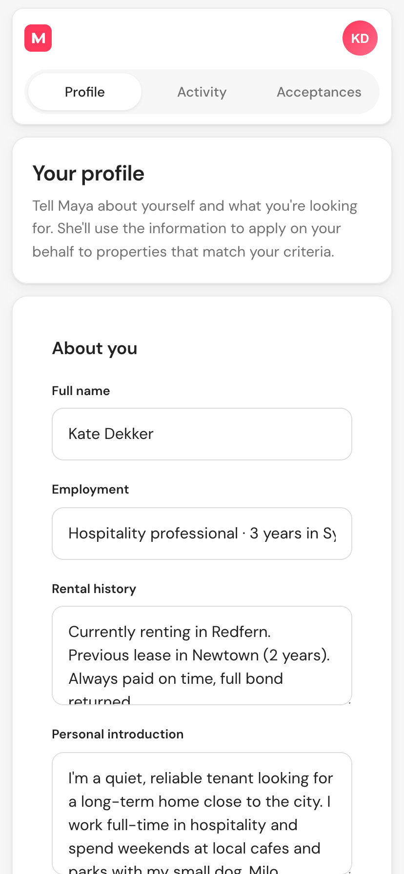 Maya profile tab showing renter details and search preferences